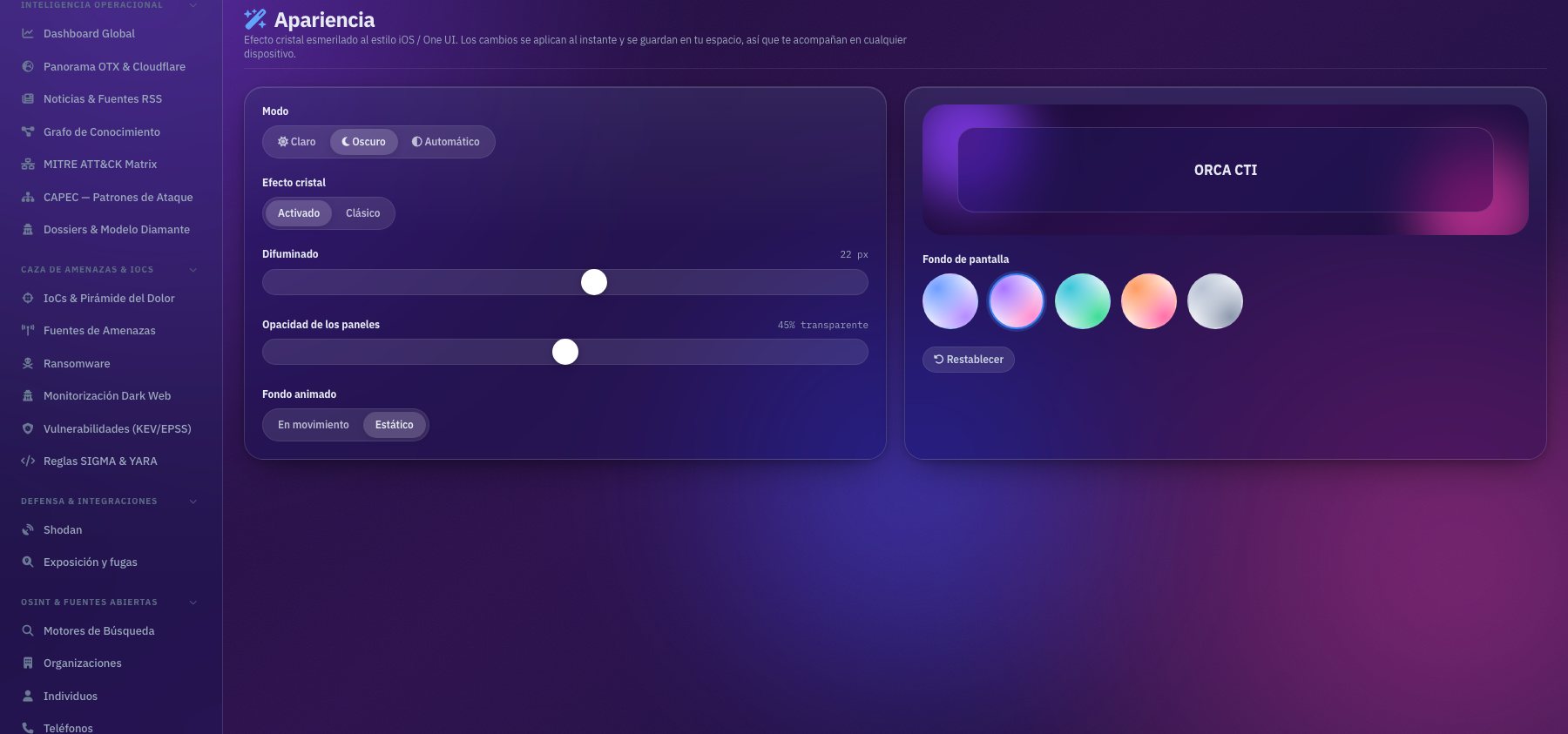 Ajustes de apariencia: modo, efecto cristal, desenfoque, opacidad y fondo